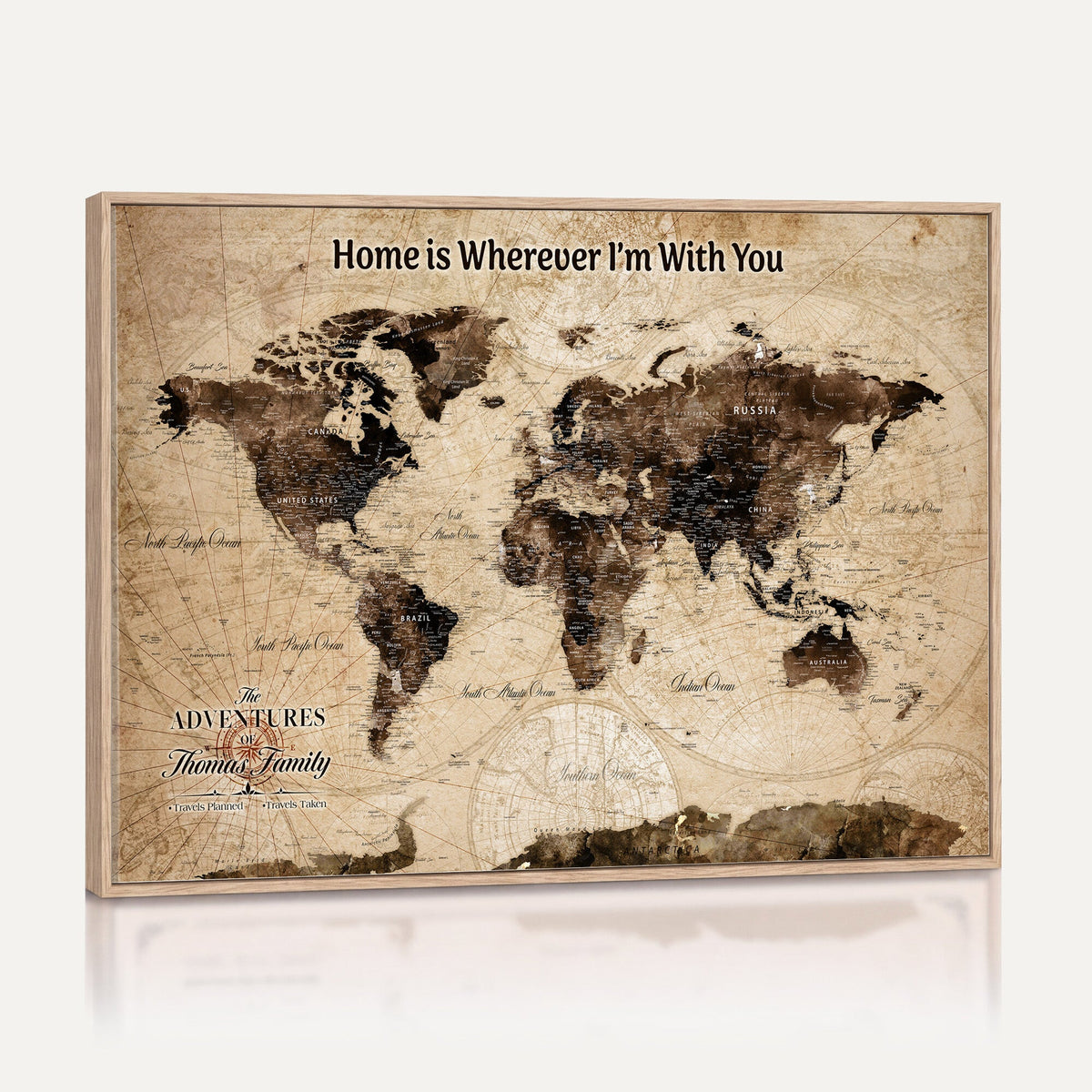Personalized Framed Beige Modern World Travel Map Wall Art with Pins, Family Adventure Map, Living Room and Hallway Decor