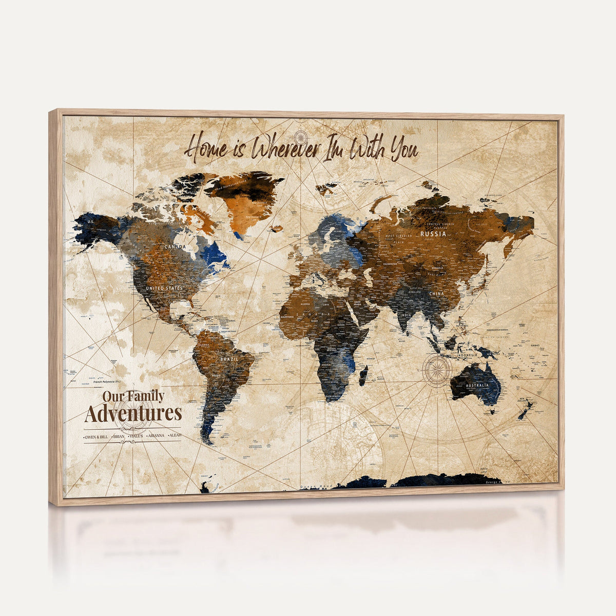 Custom Framed Beige Vintage World Travel Map Wall Art with Pins, Places Visited Tracker, Home Office and Entryway Decor