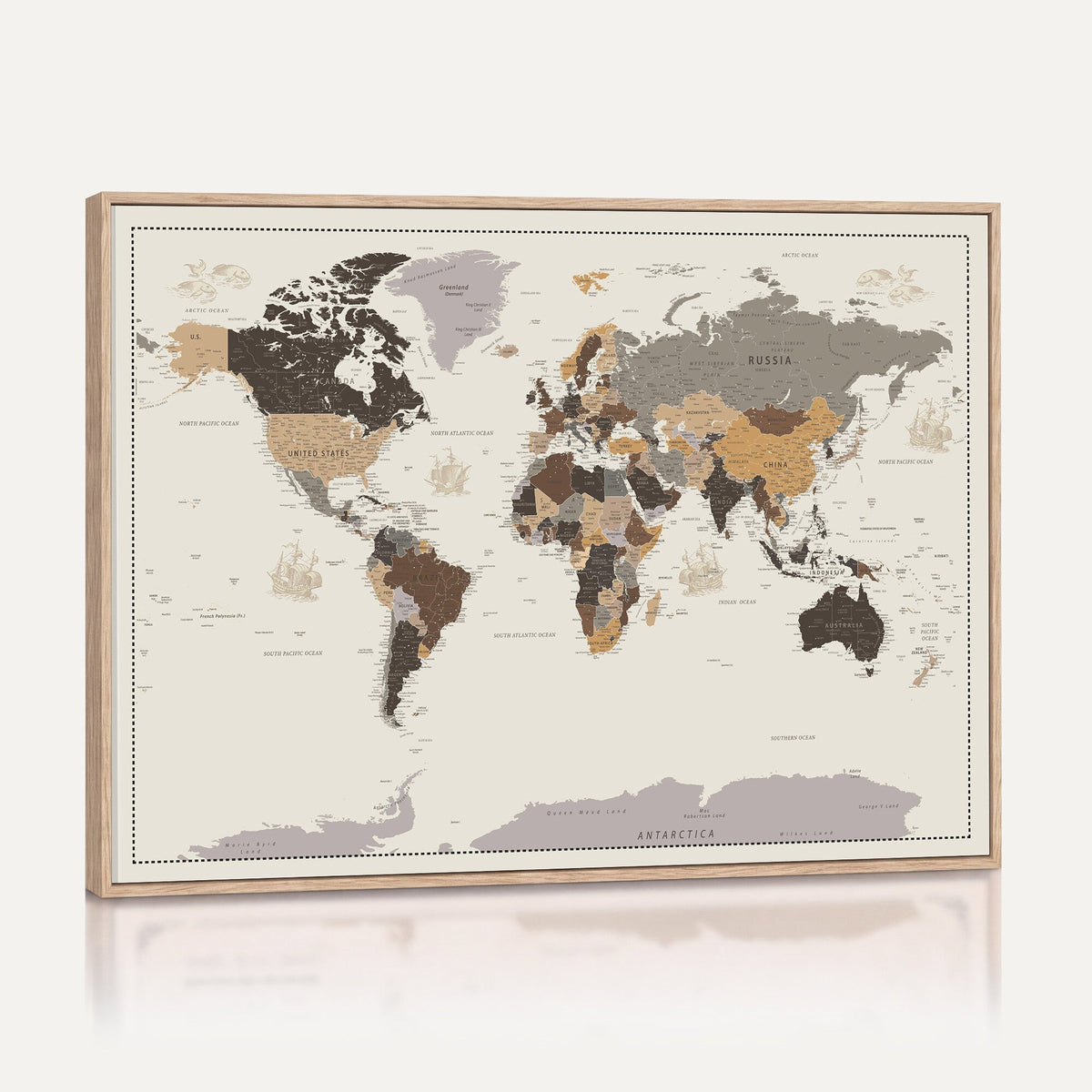 58777746-MGV-CV-36X24 - Custom Beige Modern Push Pin World Map Canvas Print, Places Visited Tracker, Bedroom and Study Decor