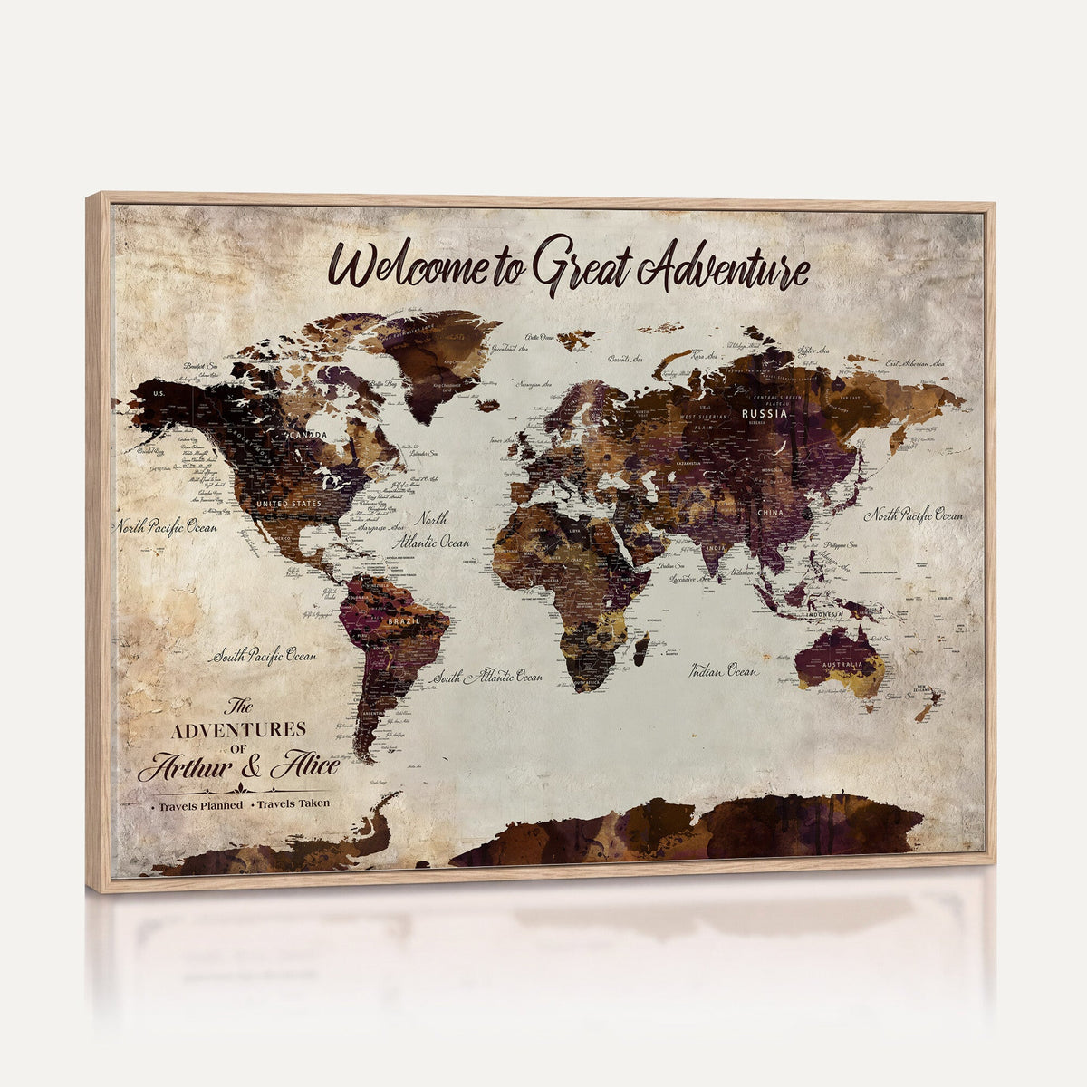 64110391126-MGV-CV-36X24 - Custom Beige World Travel Map Wall Art with Pins, Places Visited Tracker, Family Room and Entryway Decor
