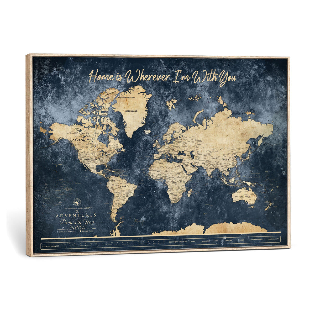 400867BL-MGV-CV-36X24 - Framed Blue Custom Push Pin World Map Canvas Print | Personalized Travel Map Wall Art