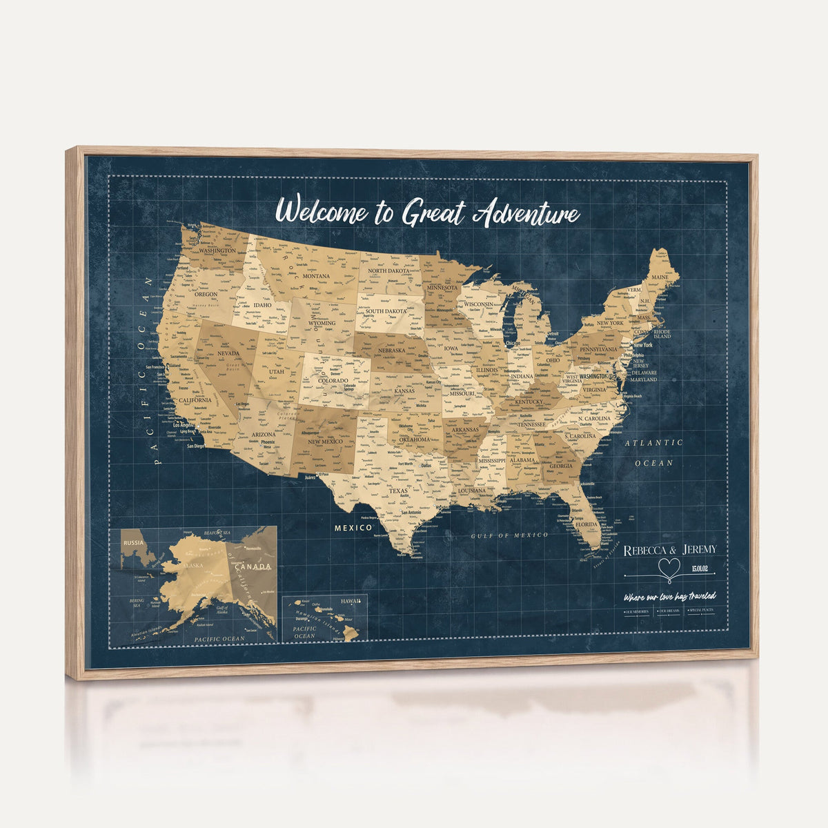 58851035-MGV-CV-36X24 - Custom Cream Push Pin USA Map Canvas Print, 50 State Bucket List Map, Family Room and Hallway Decor