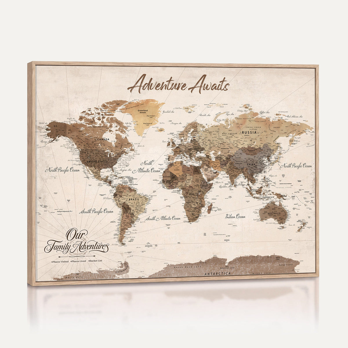 84865191-MGV-CV-36X24 - Our Family Adventures Push Pin World Map Wall Art Canvas Print - Family Travel Tracker Map with Pins