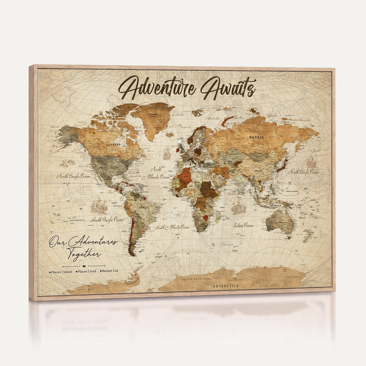 Custom Beige Vintage Push Pin World Map Canvas Print, Couples Countries Visited Map, Dining Room and Hallway Decor