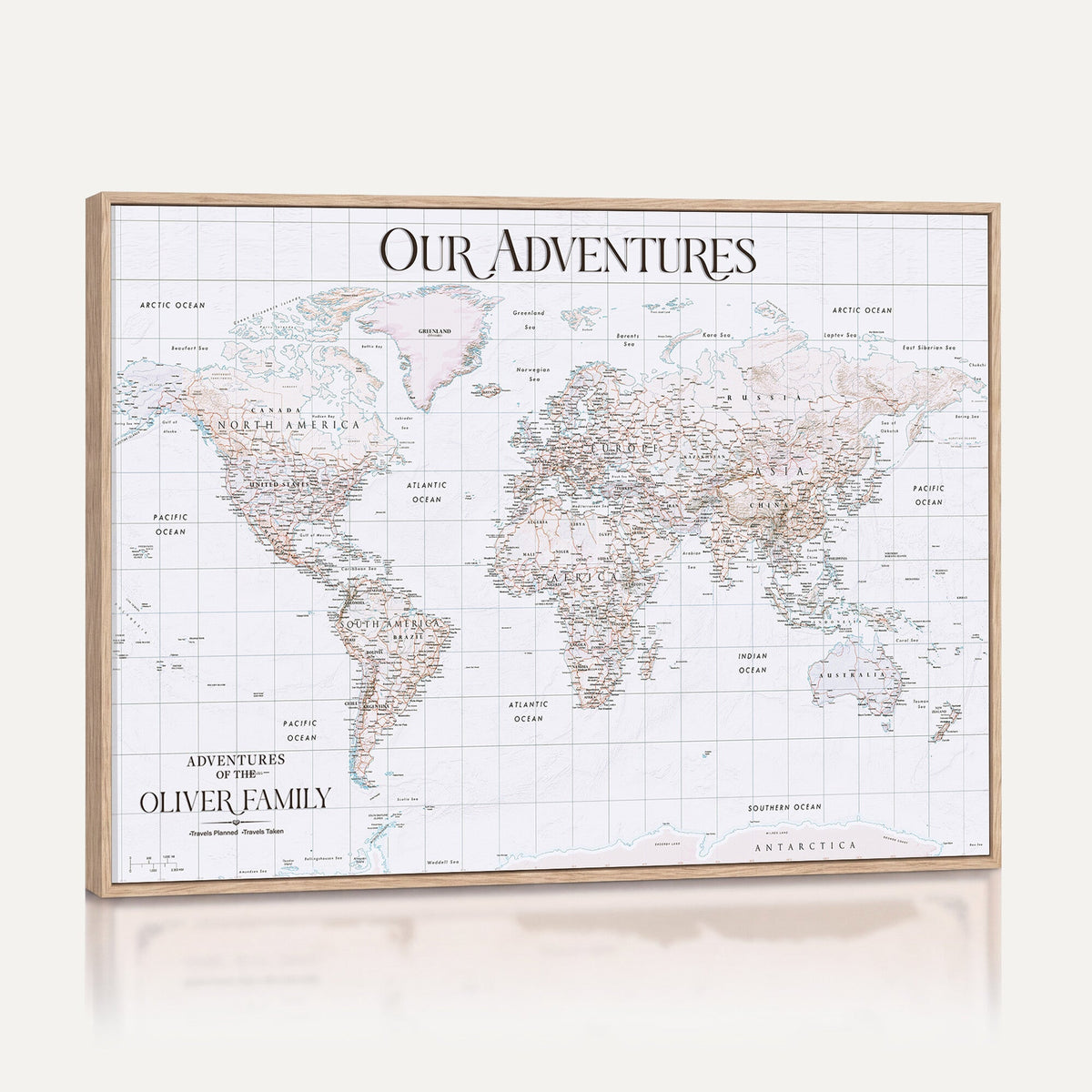 18074626D3DD-MGV-CV-36X24 - Extra Large Framed Personalized Push Pin World Map Wall Art Canvas Print for Travel Tracking
