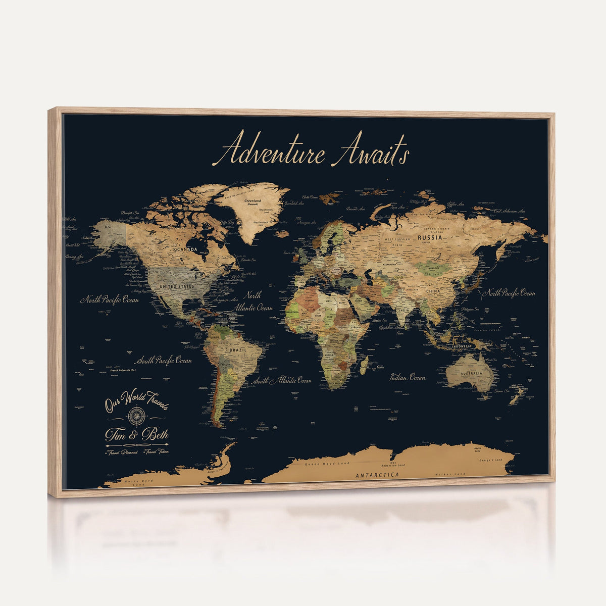 Custom Beige Push Pin World Map Wall Art, Family Travel Tracker, Home Office and Study Decor