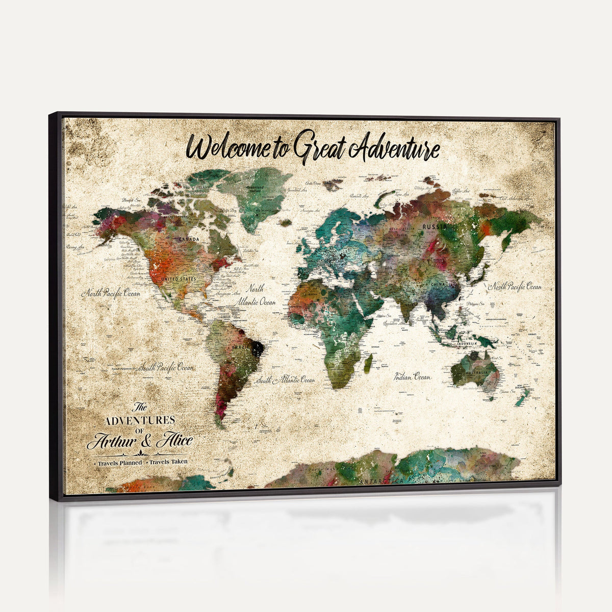 Personalized Beige Grunge World Map Canvas with Push Pins, Next Trip Planner Map, Family Room and Home Office Decor