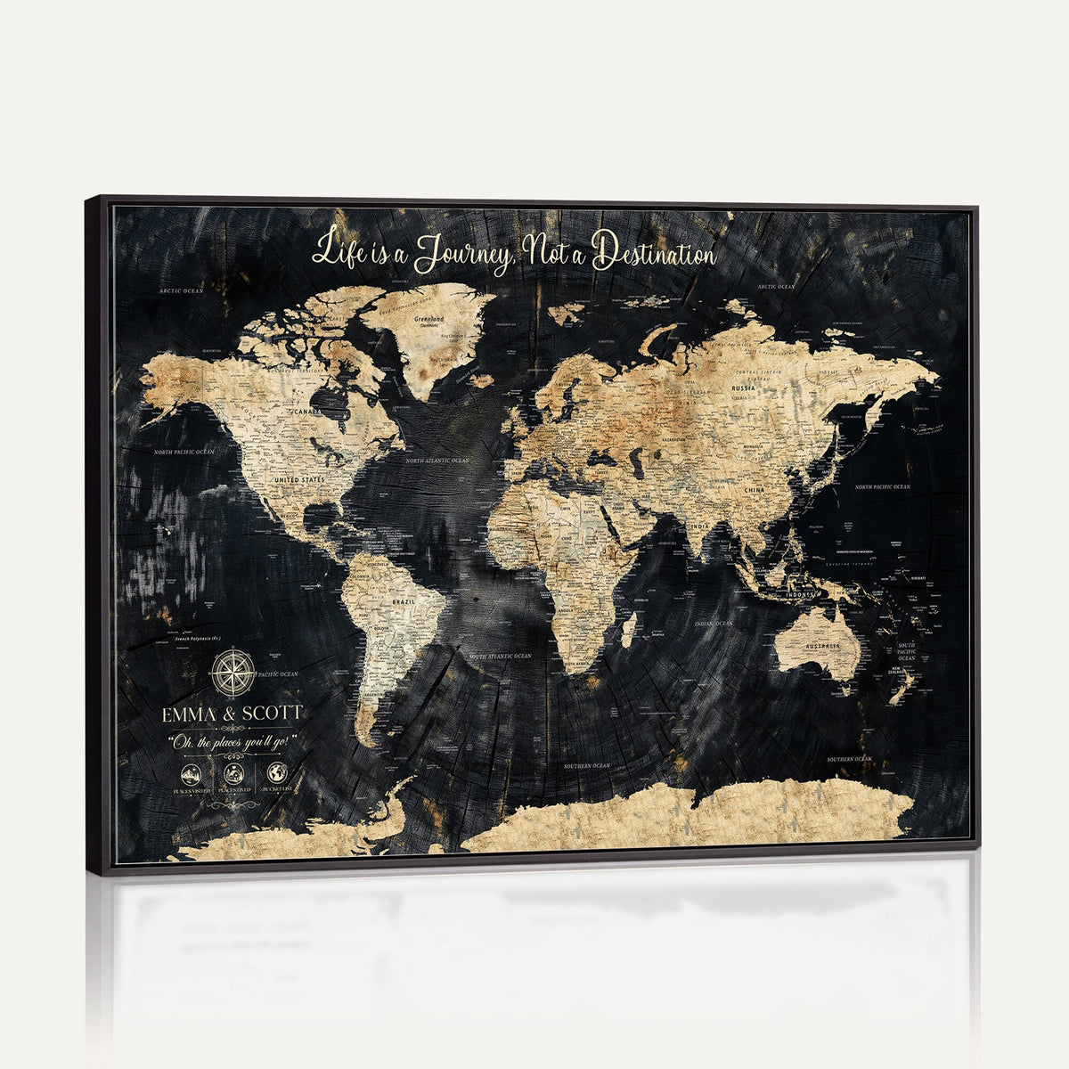 Personalized Framed Navy Modern Push Pin World Map Canvas Print, Couples Countries Visited Map, Family Room and Study Decor