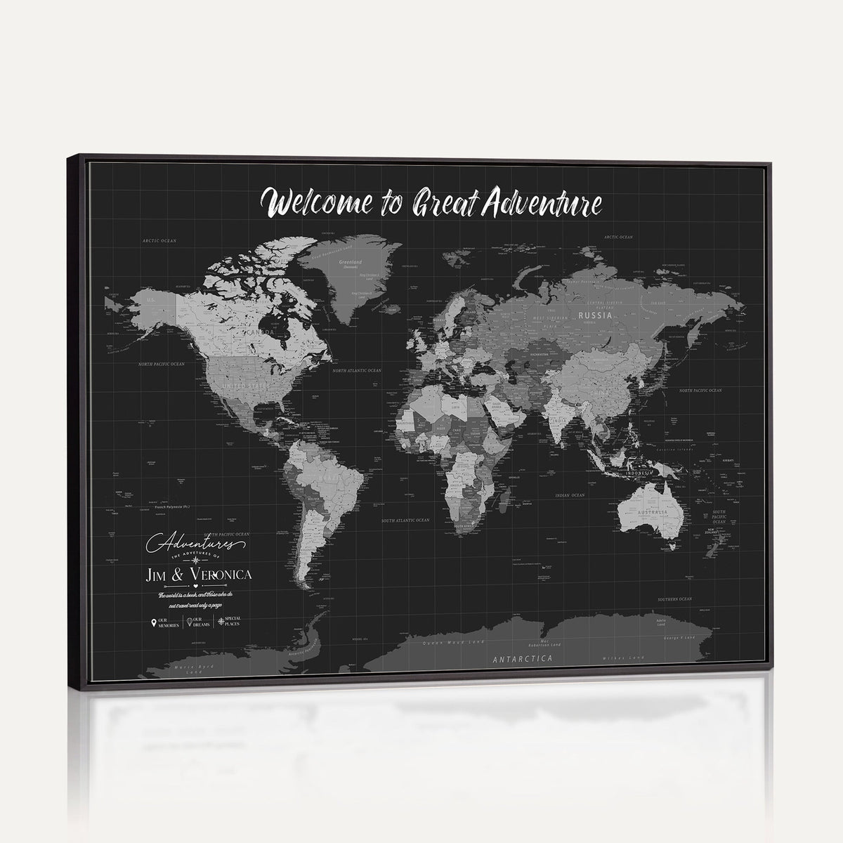 Custom Framed Navy Vintage World Map Canvas with Push Pins, Next Trip Planner Map, Entryway and Hallway Decor