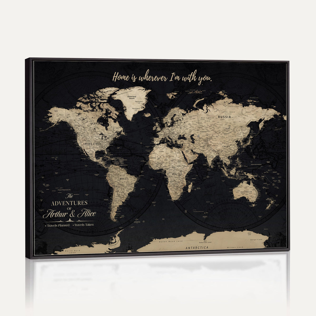 Personalized Framed Beige Modern Push Pin World Map Canvas Print, Places Visited Tracker, Family Room and Bedroom Decor