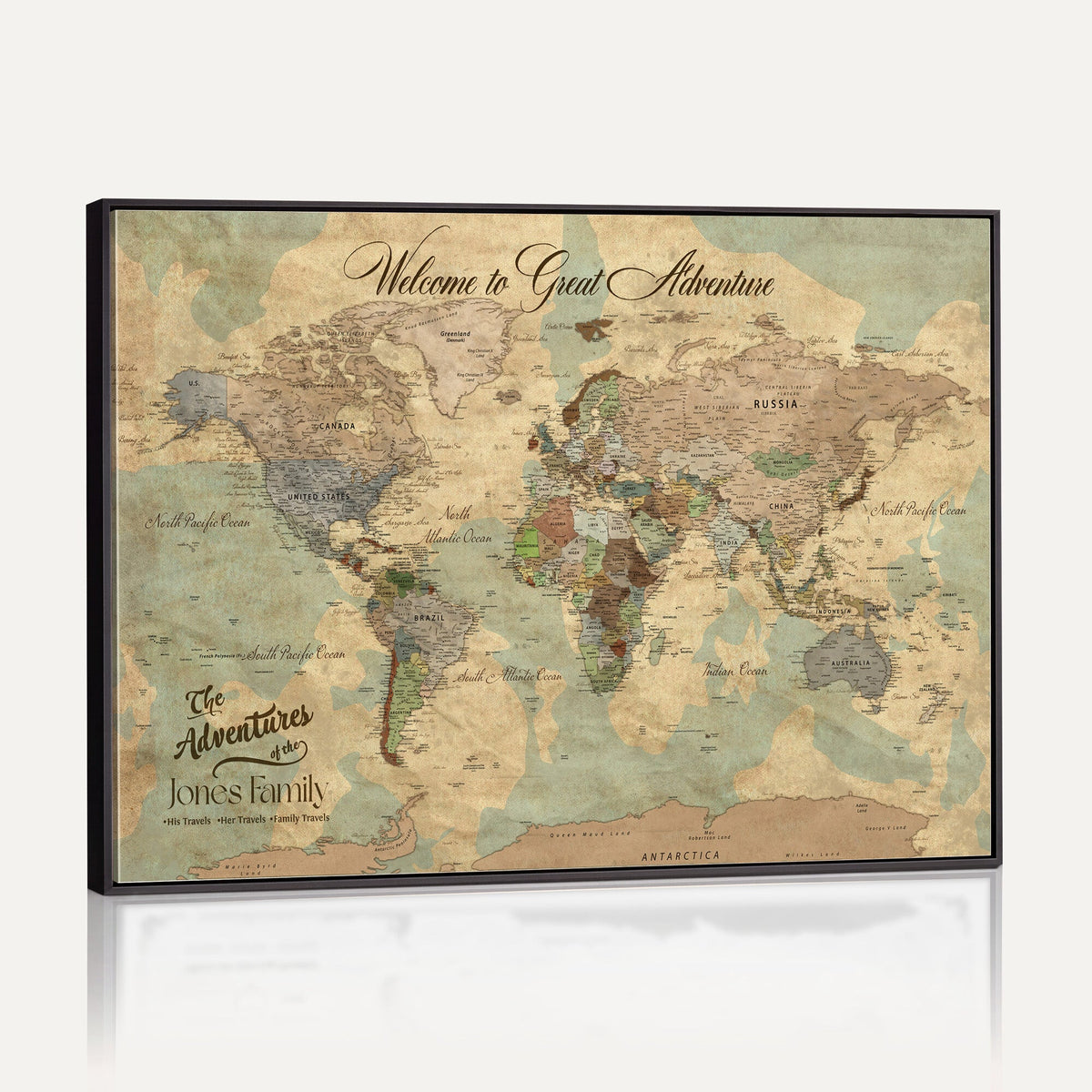 Personalized Framed Navy Vintage Push Pin World Map Wall Art, Places Visited Tracker, Bedroom and Hallway Decor