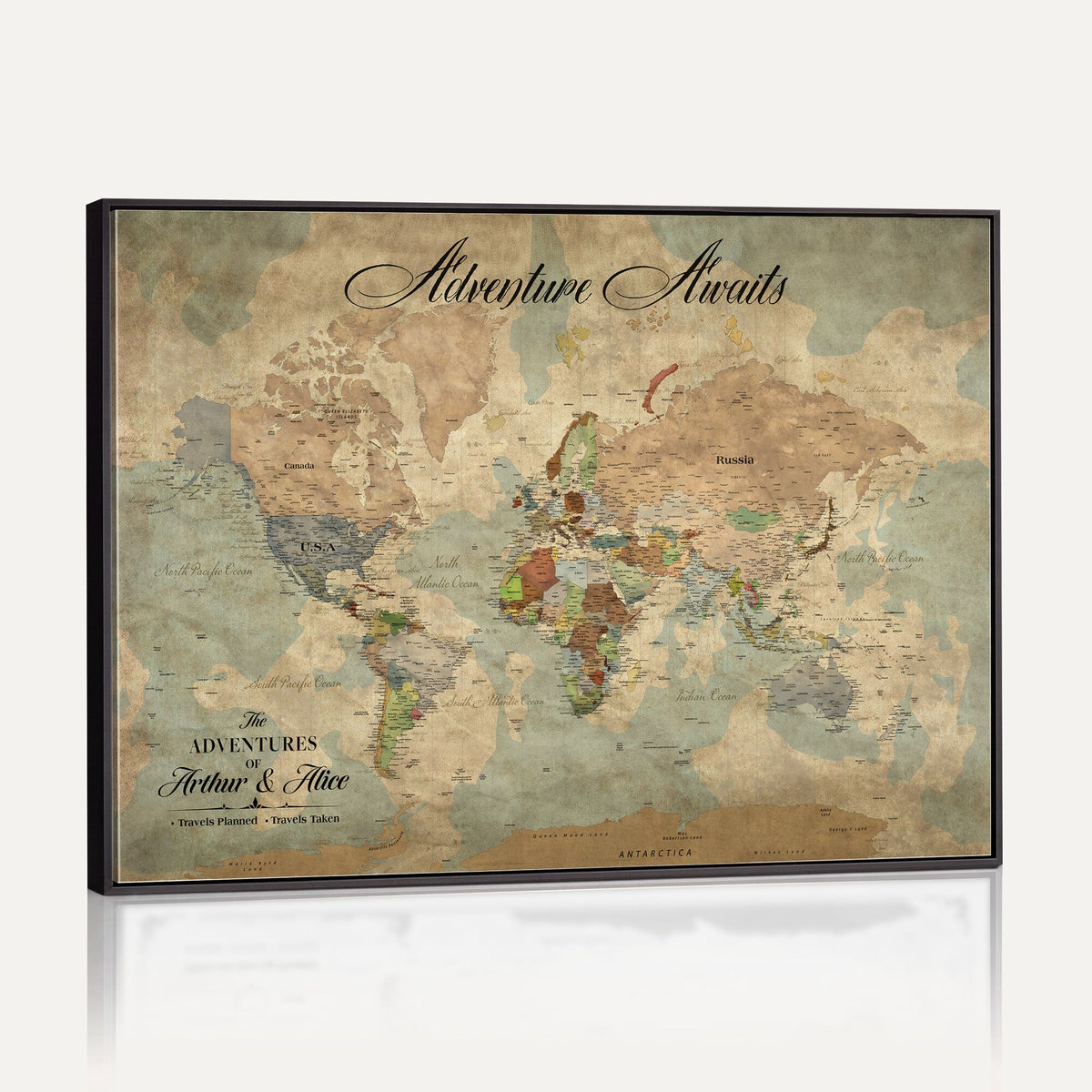 Custom Beige World Travel Map Wall Art with Pins, Bucket List Map, Dining Room and Study Decor