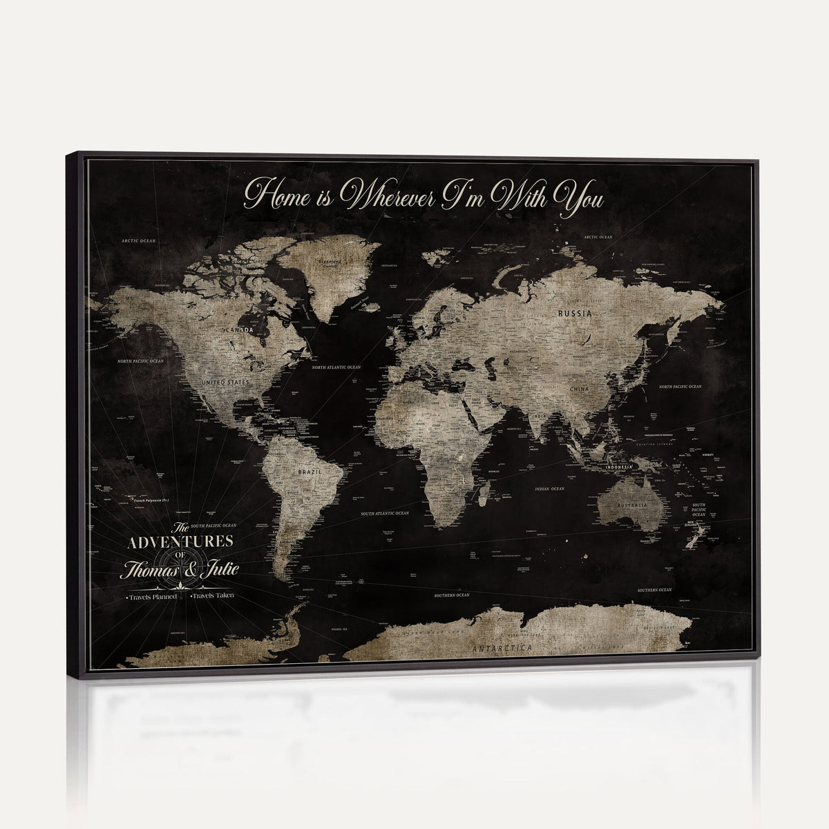 Personalized Framed Black Geometric World Map Canvas with Push Pins, Bucket List Map, Living Room and Dining Room Decor