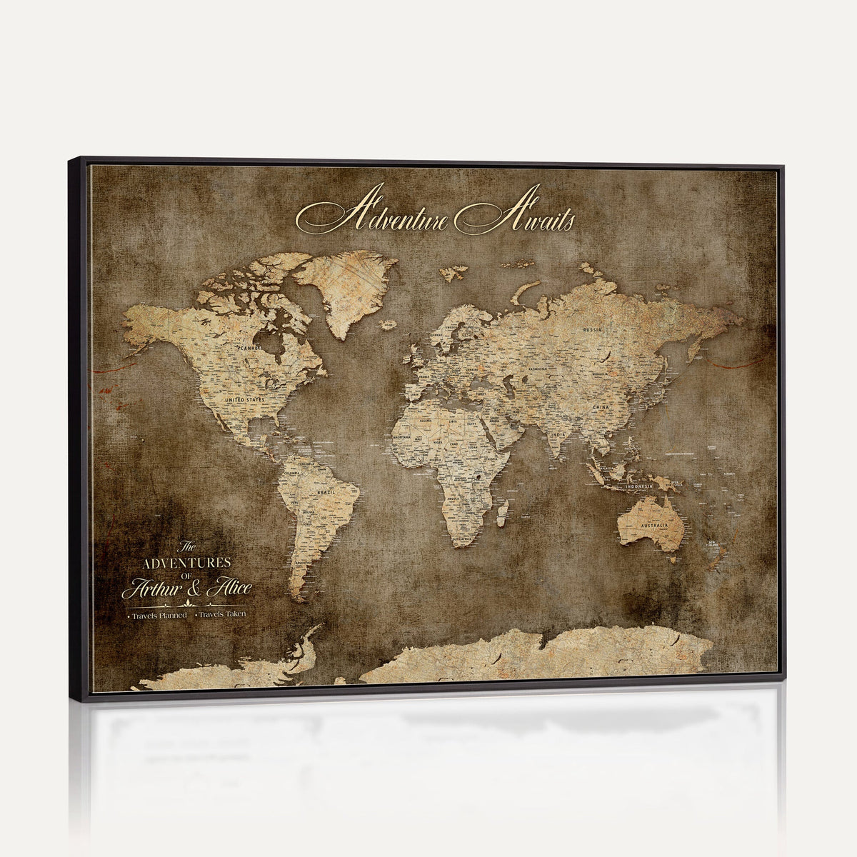 Personalized Framed Beige Push Pin Travel Map Canvas Print, Bucket List Map, Bedroom and Study Decor