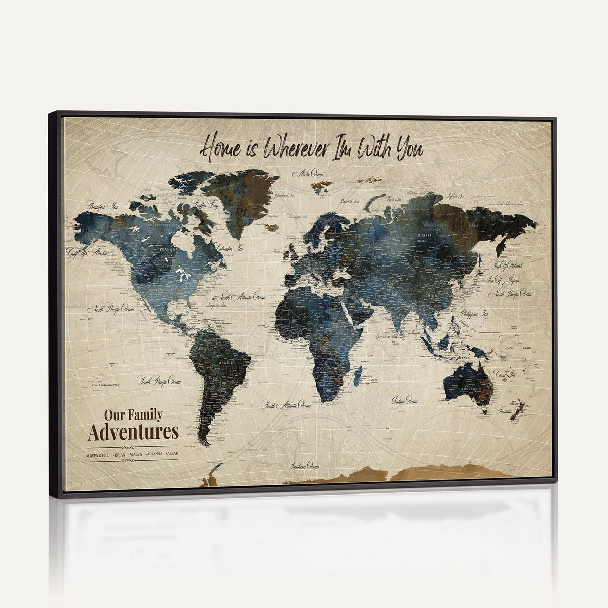 Personalized Framed Black Modern Push Pin Travel Map Canvas Print, Family Travel Tracker, Home Office and Entryway Decor