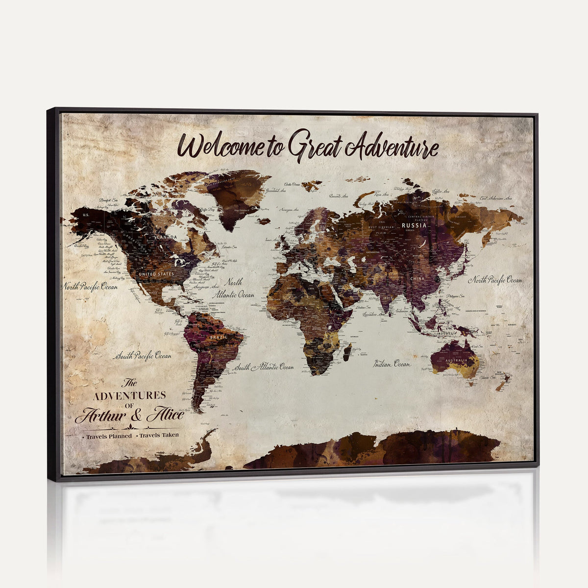 64110391126-MGV-CV-36X24 - Custom Beige World Travel Map Wall Art with Pins, Places Visited Tracker, Family Room and Entryway Decor