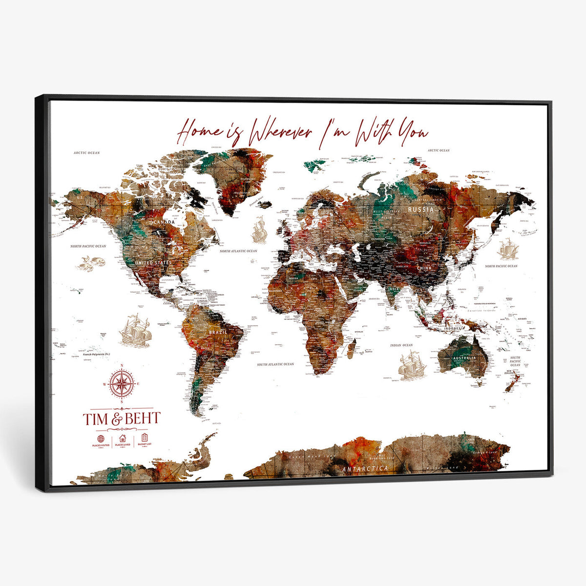 116MESUT-MGV-CV-36X24 - Custom Push Pin World Map Canvas Print | Personalized Travel Map Wall Art