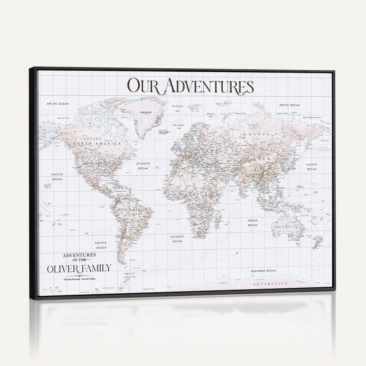18074626D3DD-MGV-CV-36X24 - Extra Large Framed Personalized Push Pin World Map Wall Art Canvas Print for Travel Tracking