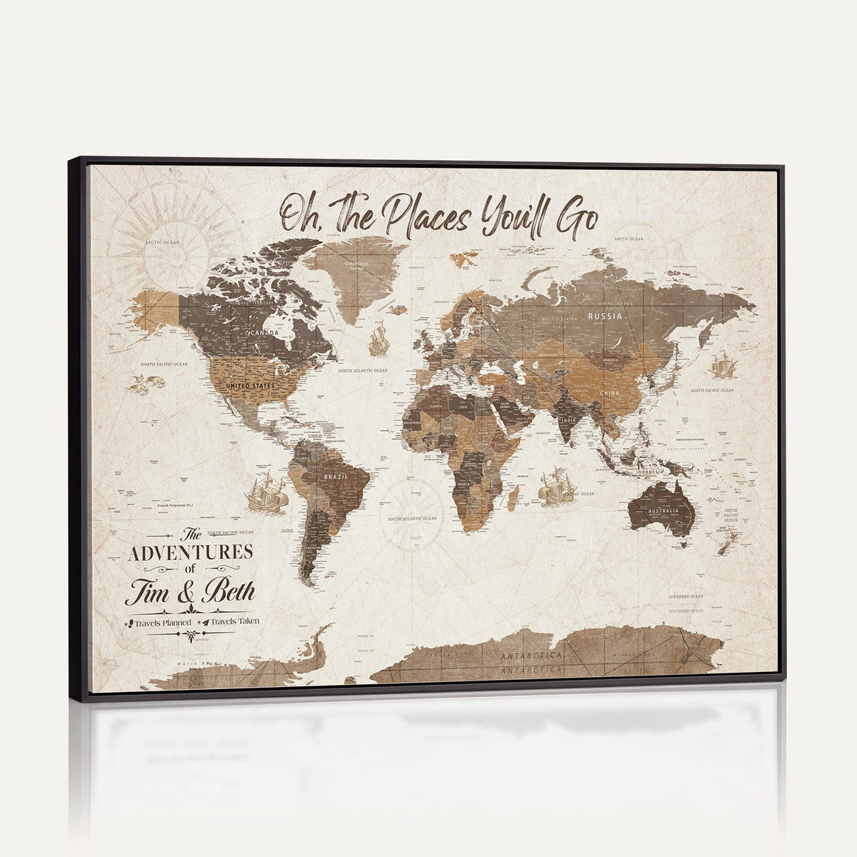 Personalized Beige Geometric Family Push Pin World Map Canvas Print, Honeymoon and Anniversary Gift, Living Room and Study Decor