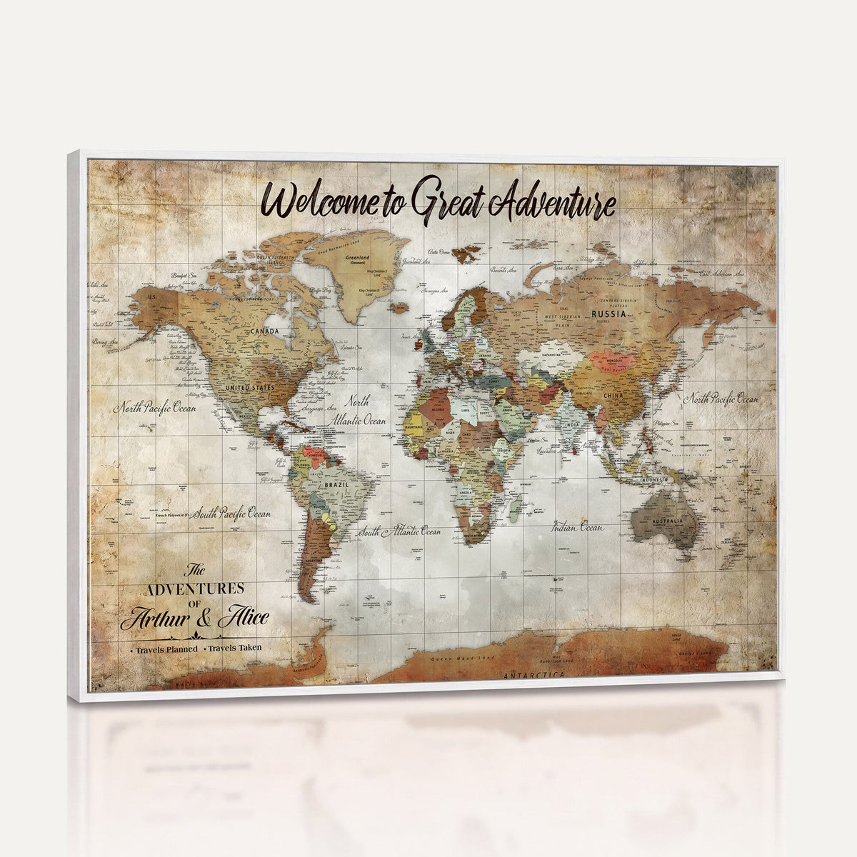 Personalized Beige Push Pin World Map Wall Art, Bucket List Map, Living Room and Family Room Decor