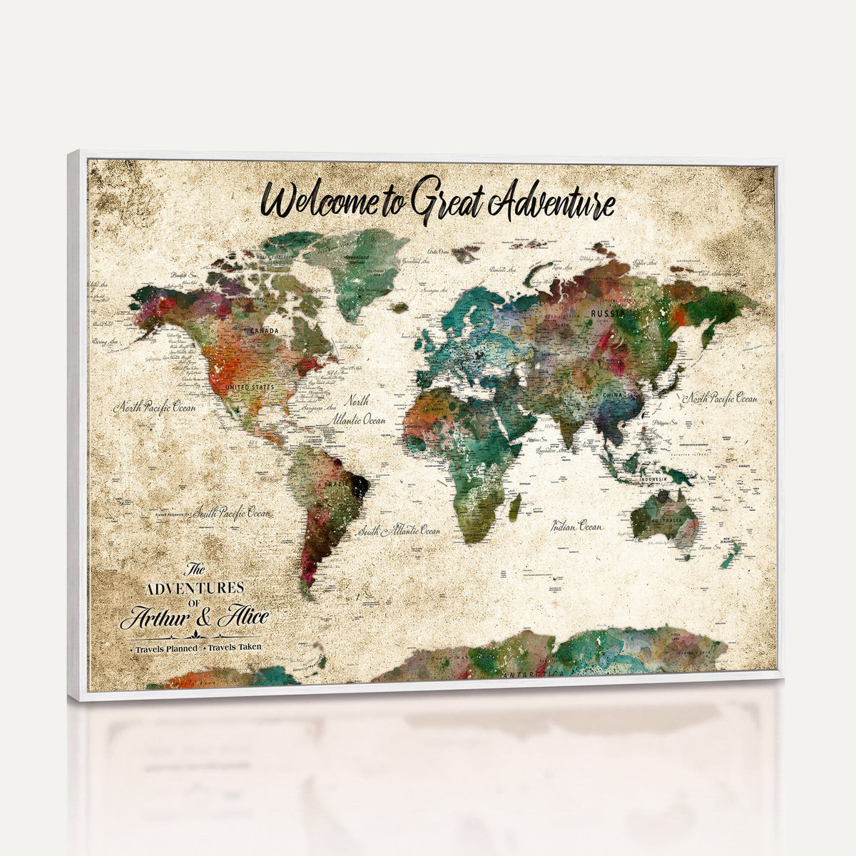 Personalized Beige Grunge World Map Canvas with Push Pins, Next Trip Planner Map, Family Room and Home Office Decor