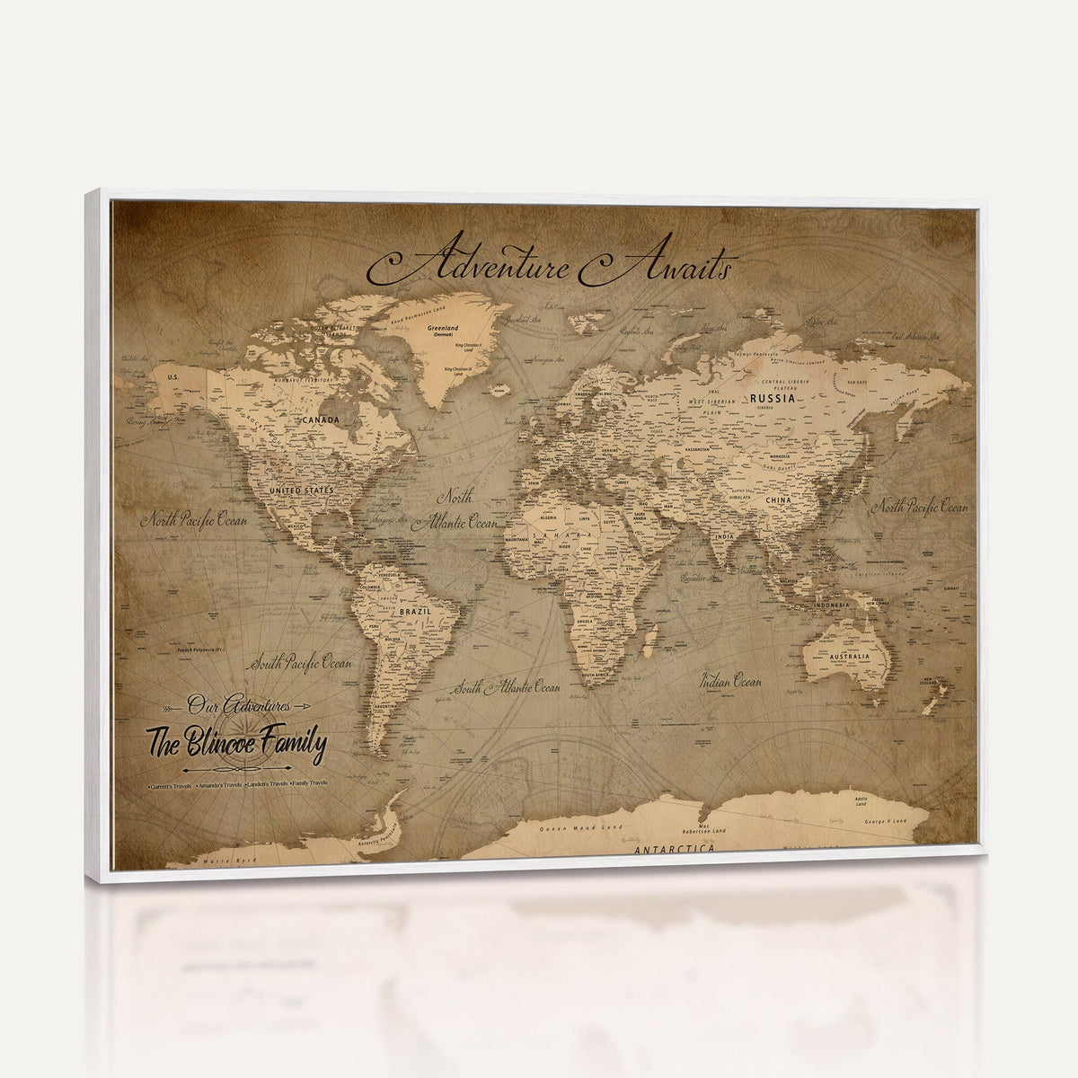 Personalized Framed Beige World Travel Map Wall Art with Pins, Family Travel Tracker, Family Room and Entryway Decor