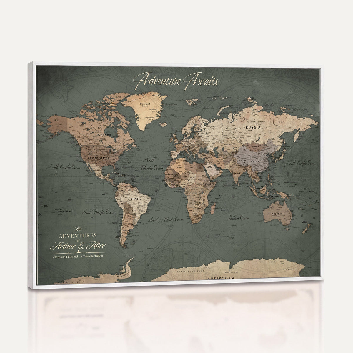Personalized Framed Beige Modern World Map Canvas with Push Pins, Bucket List Map, Family Room and Dining Room Decor