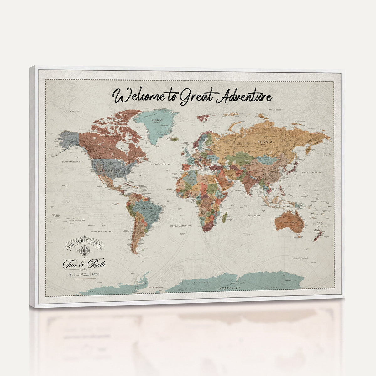 Custom Beige Push Pin World Map Canvas Print, Bucket List Map, Dining Room and Home Office Decor