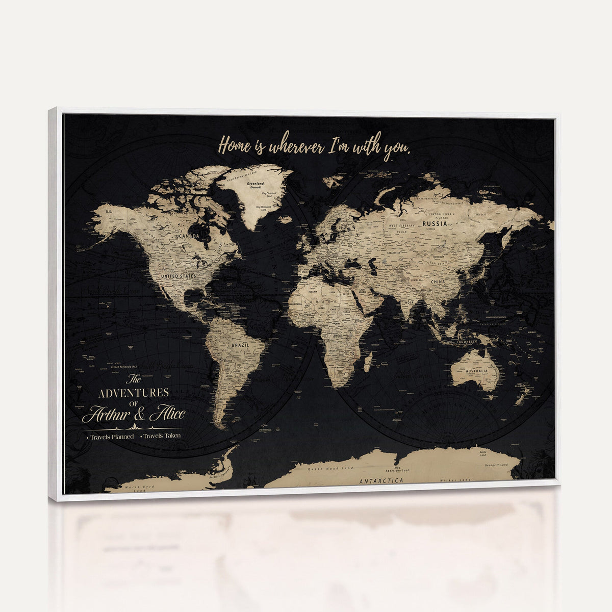 Personalized Framed Beige Modern Push Pin World Map Canvas Print, Places Visited Tracker, Family Room and Bedroom Decor