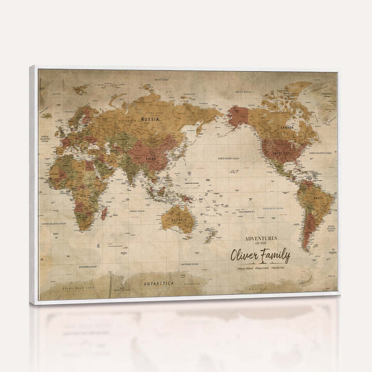 Personalized Framed Navy Modern World Map Canvas with Push Pins, Bucket List Map, Living Room and Entryway Decor