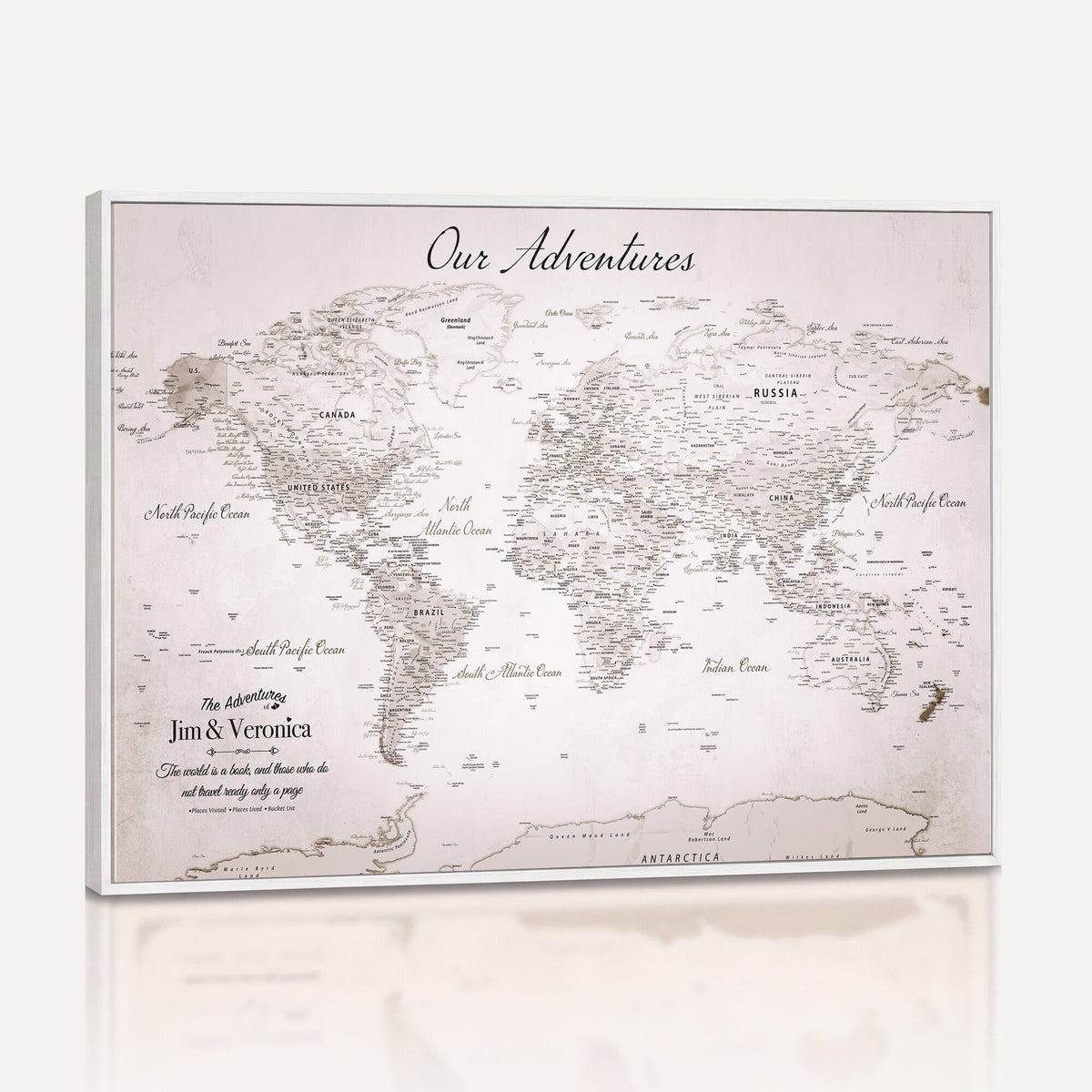 Personalized Beige Vintage World Travel Map Wall Art with Pins, Honeymoon and Anniversary Gift, Entryway and Hallway Decor