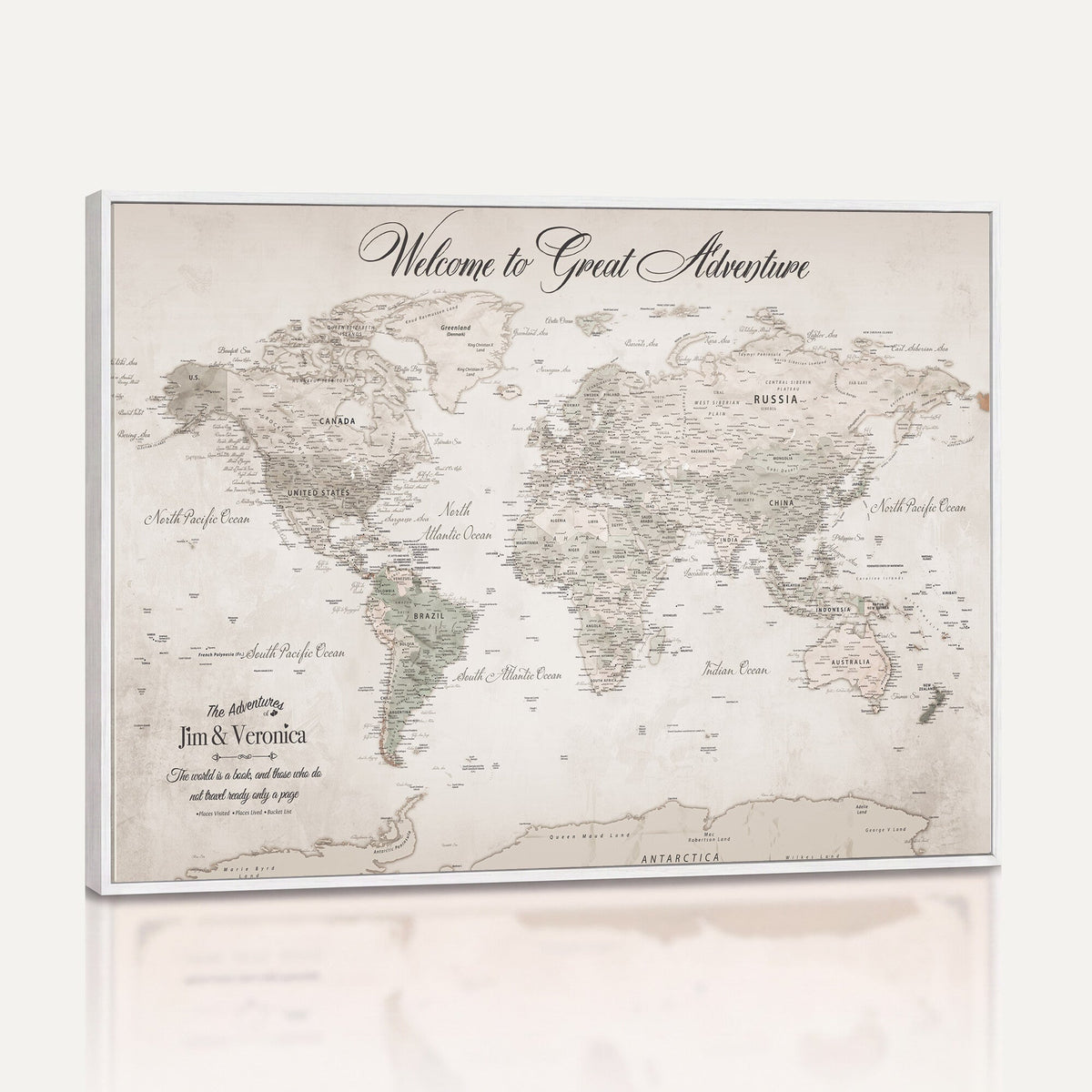 84311132-MGV-CV-36X24 - Personalized Beige World Map Canvas with Push Pins, Places Visited Tracker, Family Room and Entryway Decor