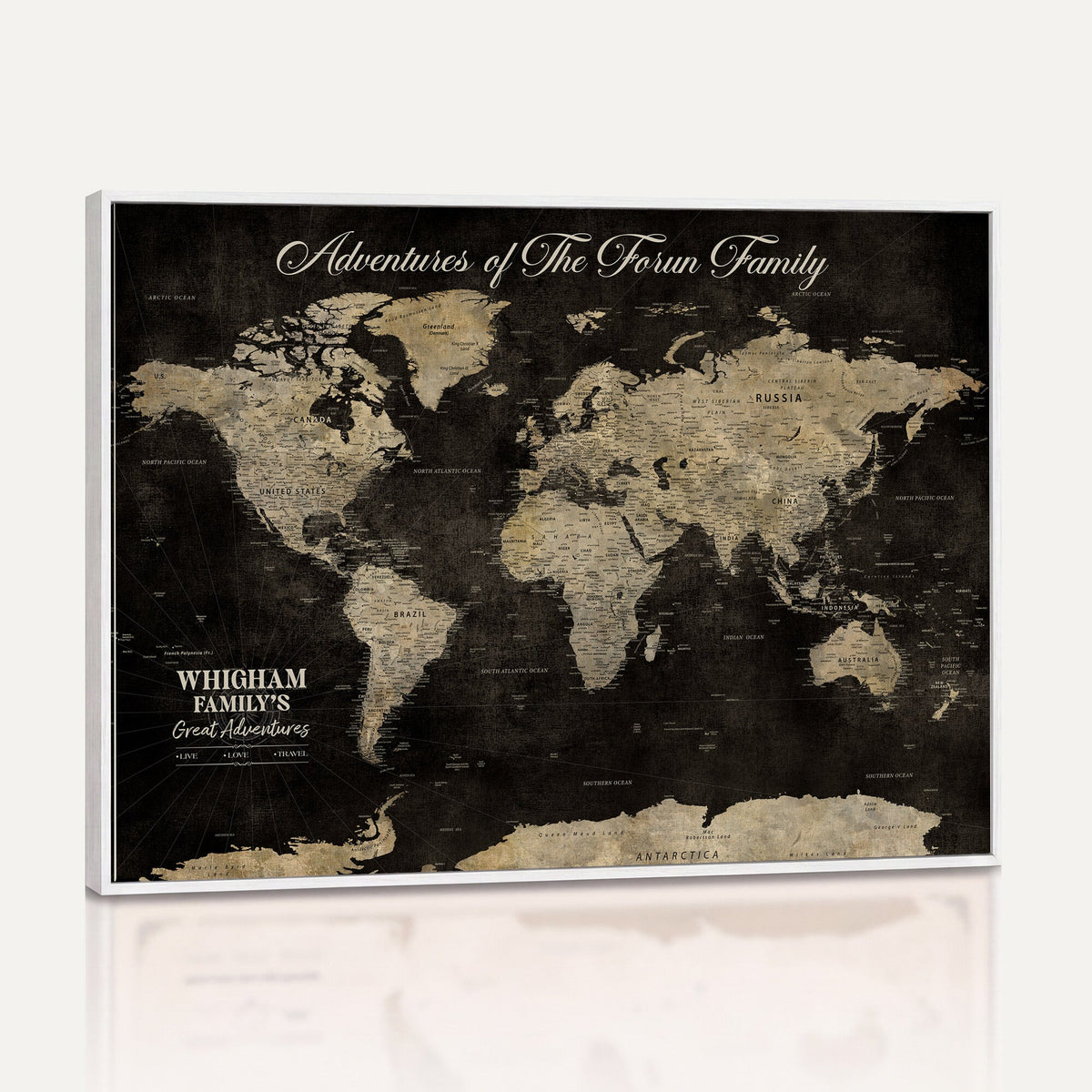 Personalized Framed Black Modern World Map Canvas with Push Pins, Next Trip Planner Map, Dining Room and Home Office Decor