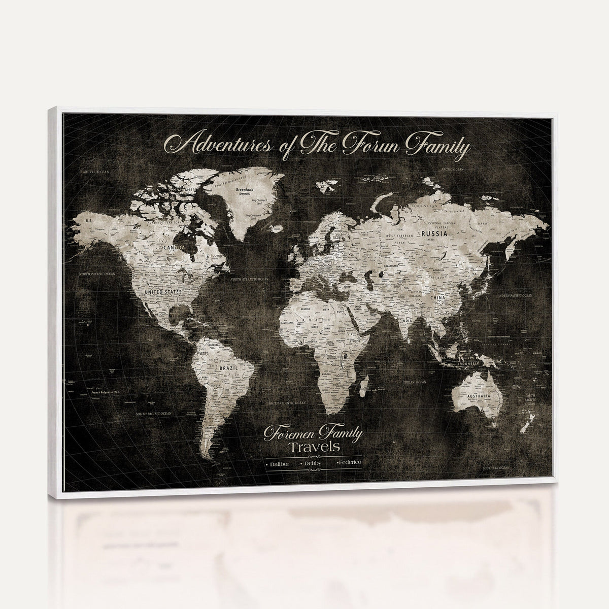 Personalized Framed Beige Push Pin World Map Canvas Print, Couples Countries Visited Map, Dining Room and Study Decor