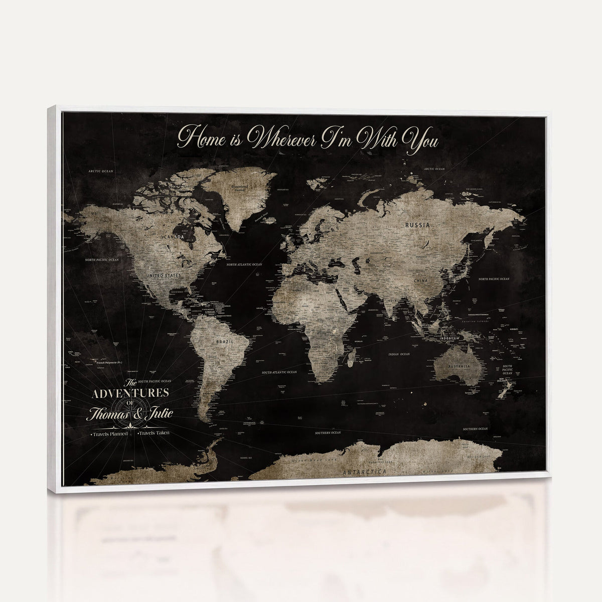 Personalized Framed Black Geometric World Map Canvas with Push Pins, Bucket List Map, Living Room and Dining Room Decor