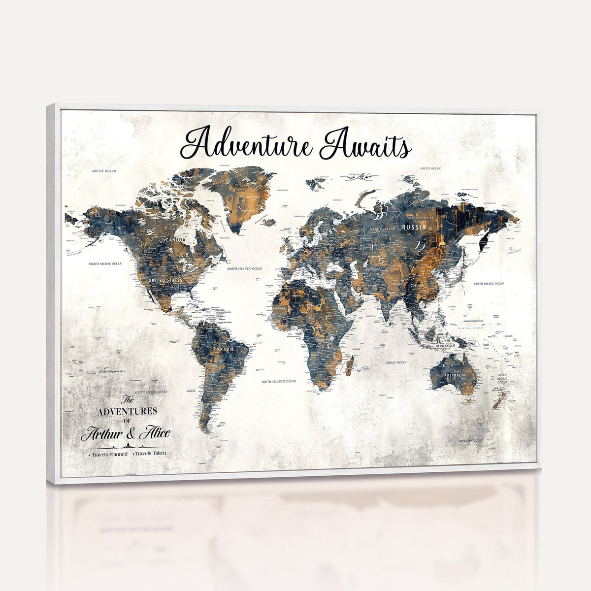 Custom Framed Beige Geometric World Travel Map Wall Art with Pins, Places Visited Tracker, Family Room and Home Office Decor