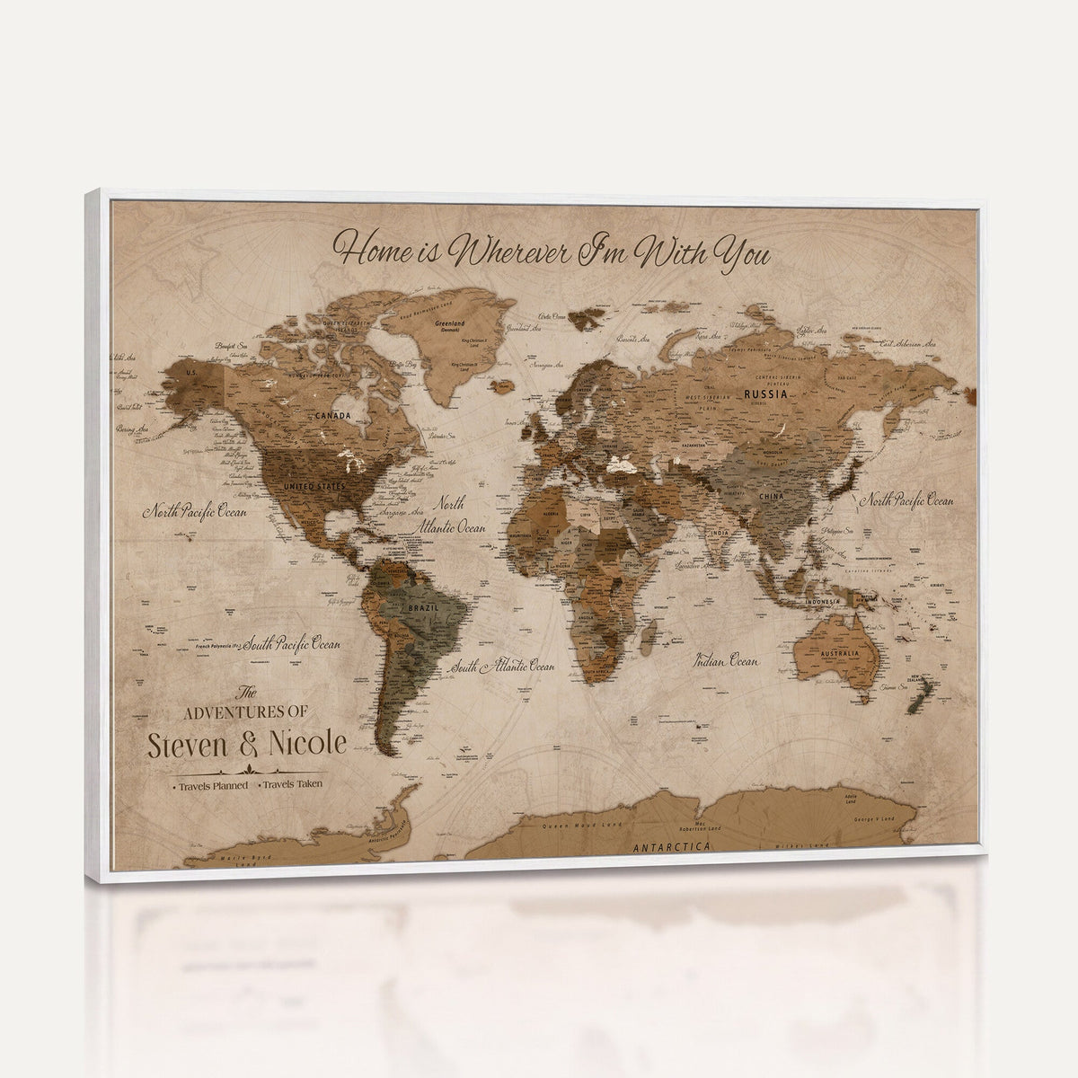 Personalized Framed Beige World Map Canvas with Push Pins, Honeymoon and Anniversary Gift, Living Room and Hallway Decor