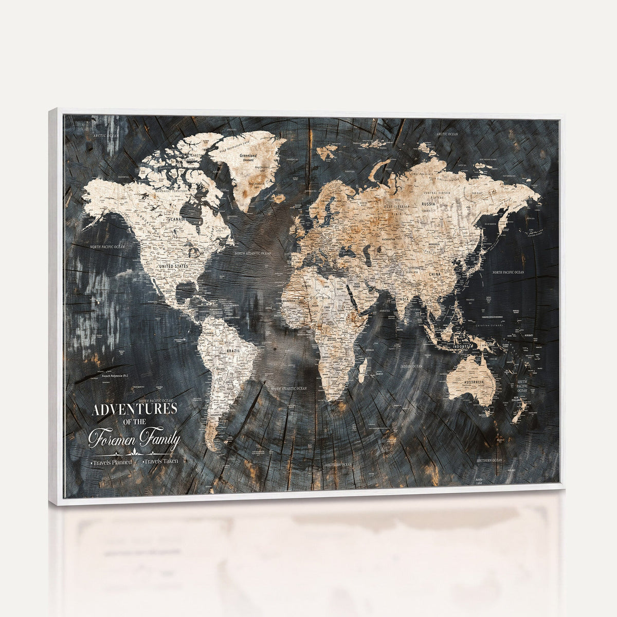 Personalized Framed Beige Push Pin World Map Canvas Print, Bucket List Map, Living Room and Hallway Decor