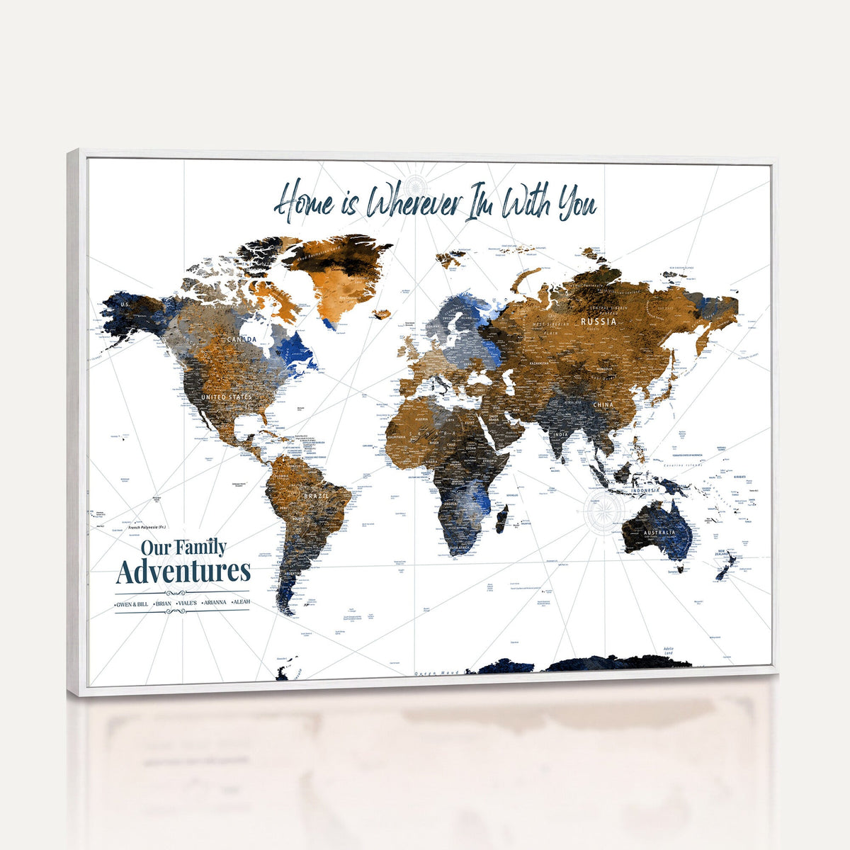 Personalized Framed Beige Modern Push Pin World Map Wall Art, Next Trip Planner Map, Family Room and Home Office Decor