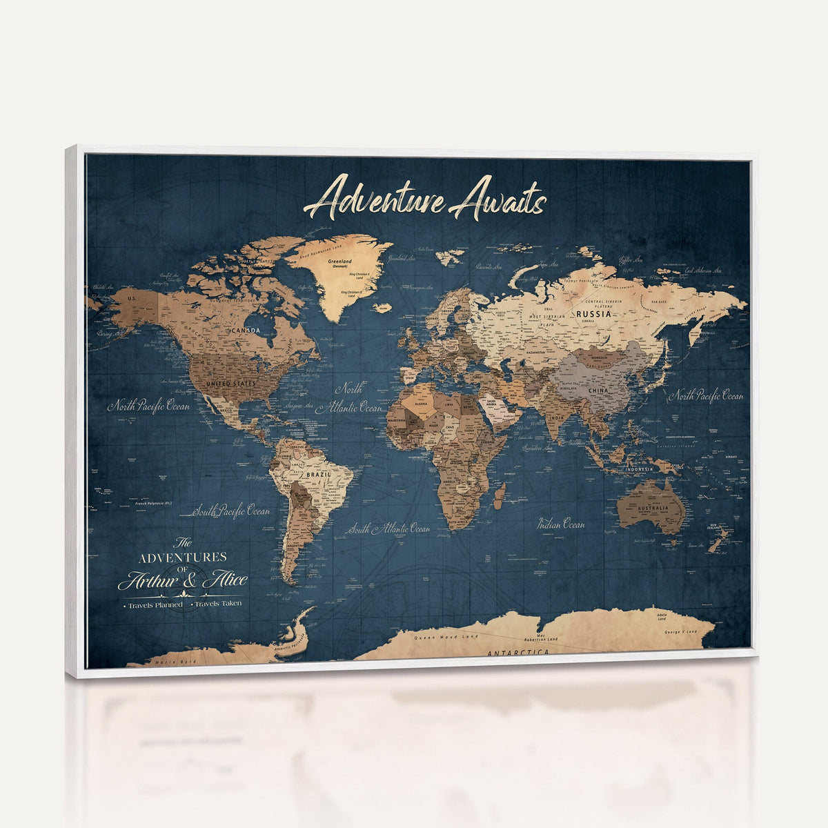Personalized White Vintage World Travel Map Wall Art with Pins, Next Trip Planner Map, Family Room and Dining Room Decor