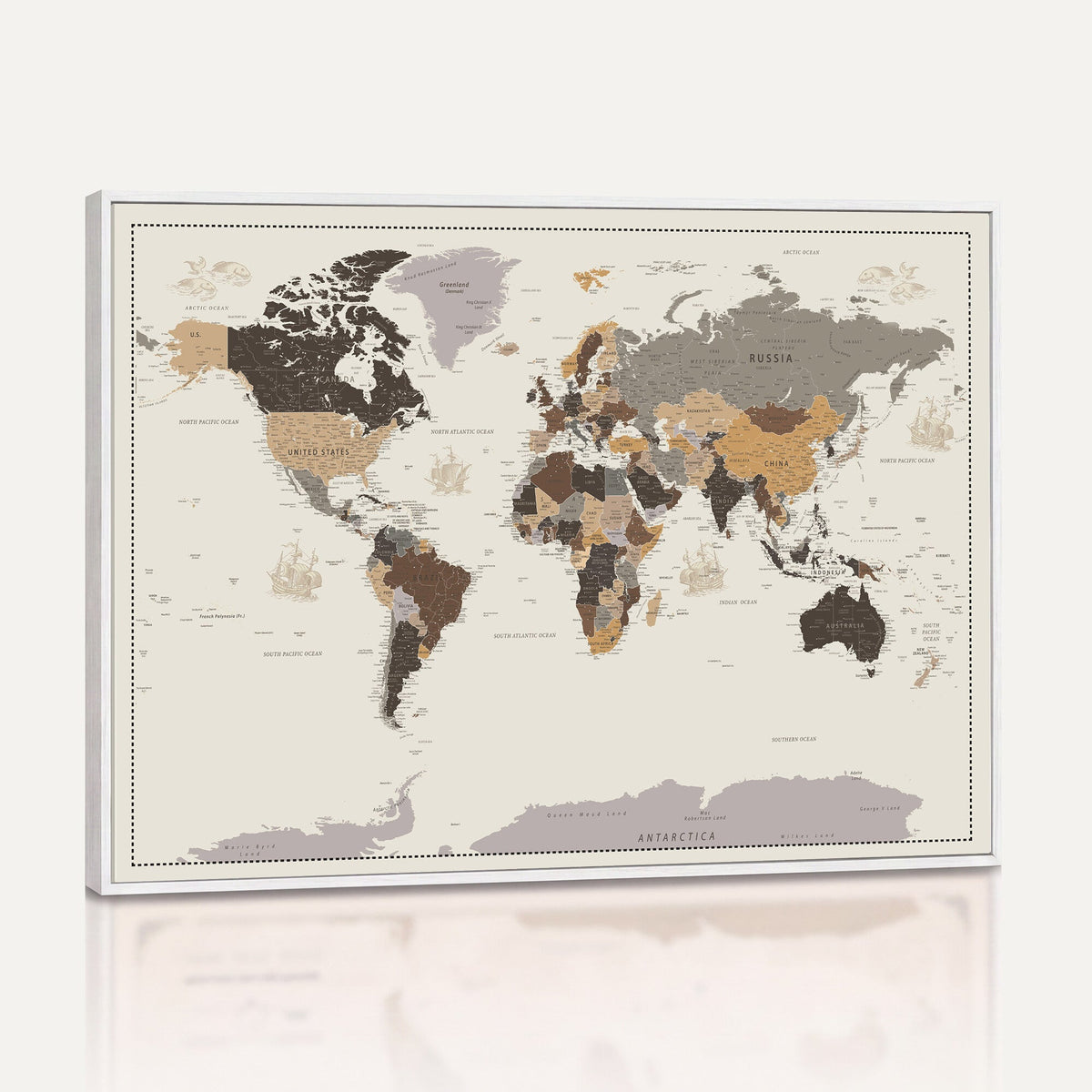 58777746-MGV-CV-36X24 - Custom Beige Modern Push Pin World Map Canvas Print, Places Visited Tracker, Bedroom and Study Decor