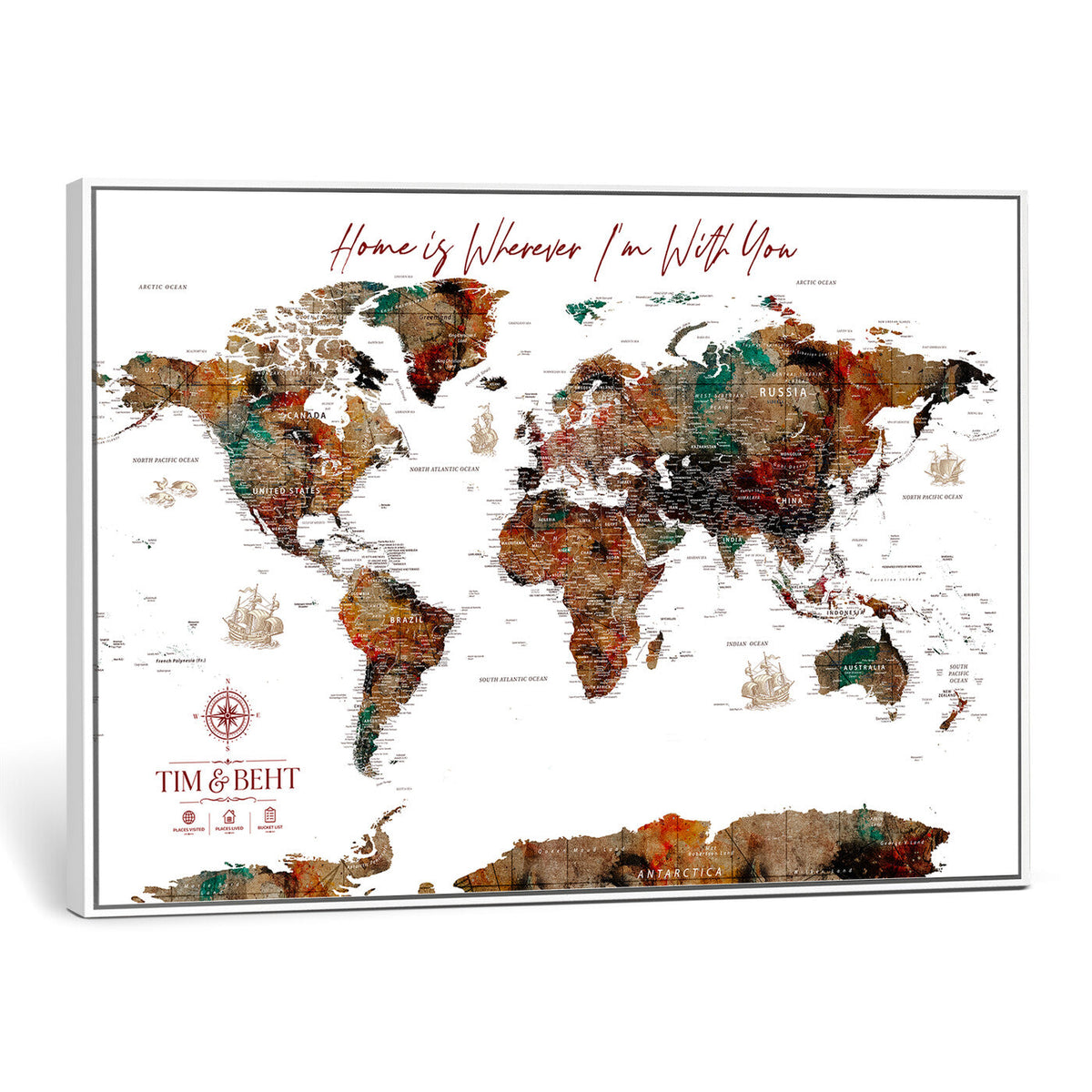 116MESUT-MGV-CV-36X24 - Custom Push Pin World Map Canvas Print | Personalized Travel Map Wall Art