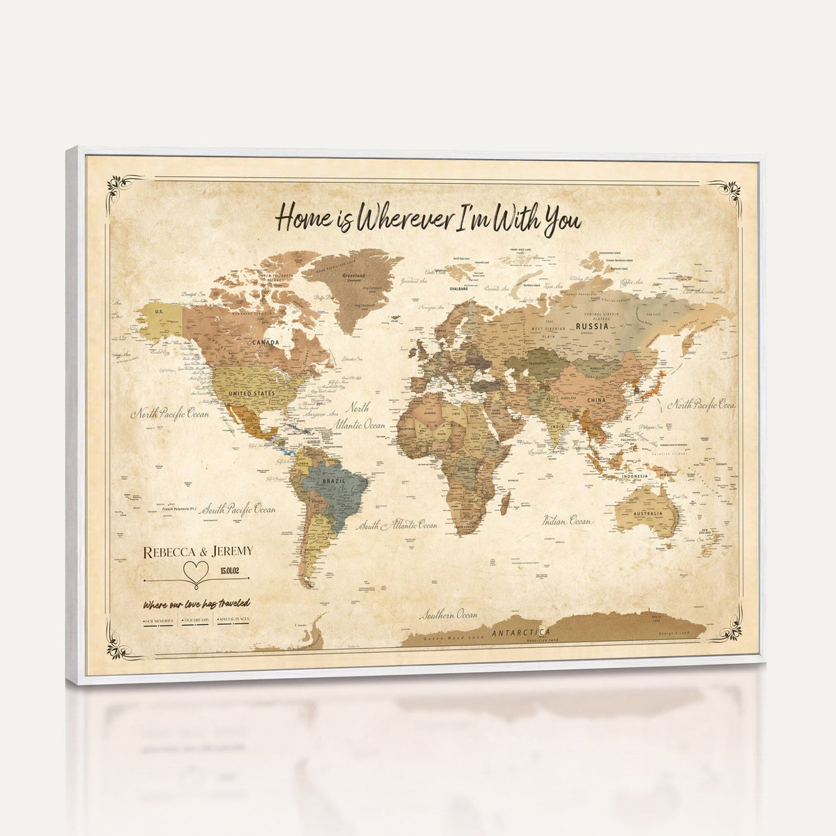 40086165-MGV-TP-30X20 - Framed Vintage Custom Push Pin World Map Canvas Print | Personalized Travel Map Wall Art