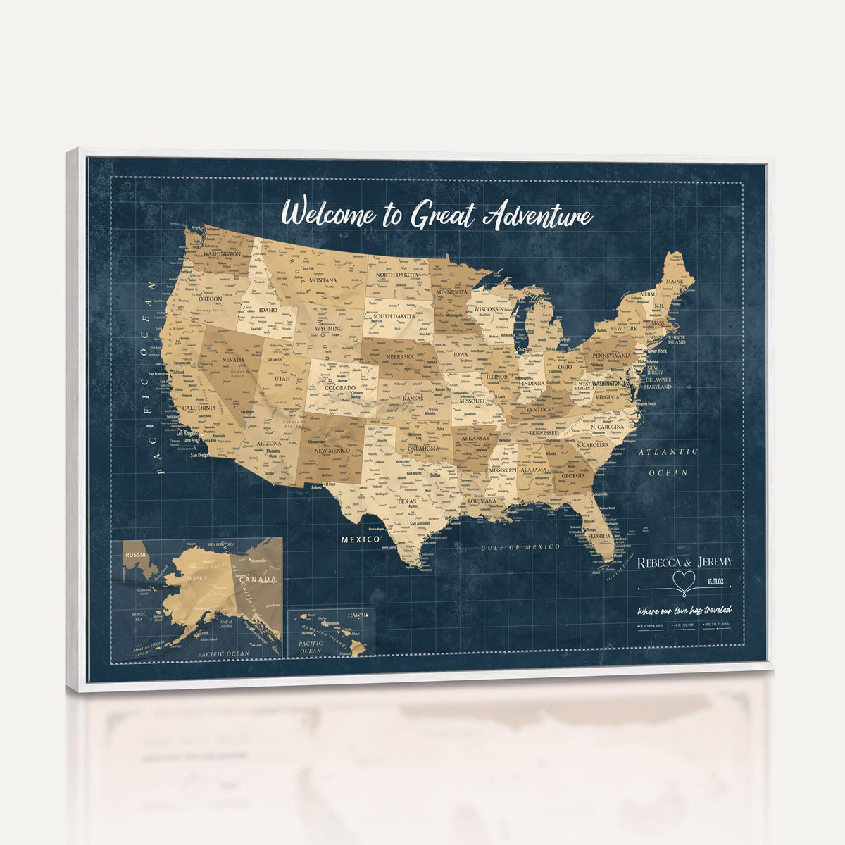 58851035-MGV-CV-36X24 - Custom Cream Push Pin USA Map Canvas Print, 50 State Bucket List Map, Family Room and Hallway Decor