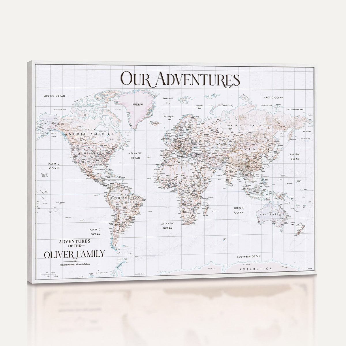 18074626D3DD-MGV-CV-36X24 - Extra Large Framed Personalized Push Pin World Map Wall Art Canvas Print for Travel Tracking