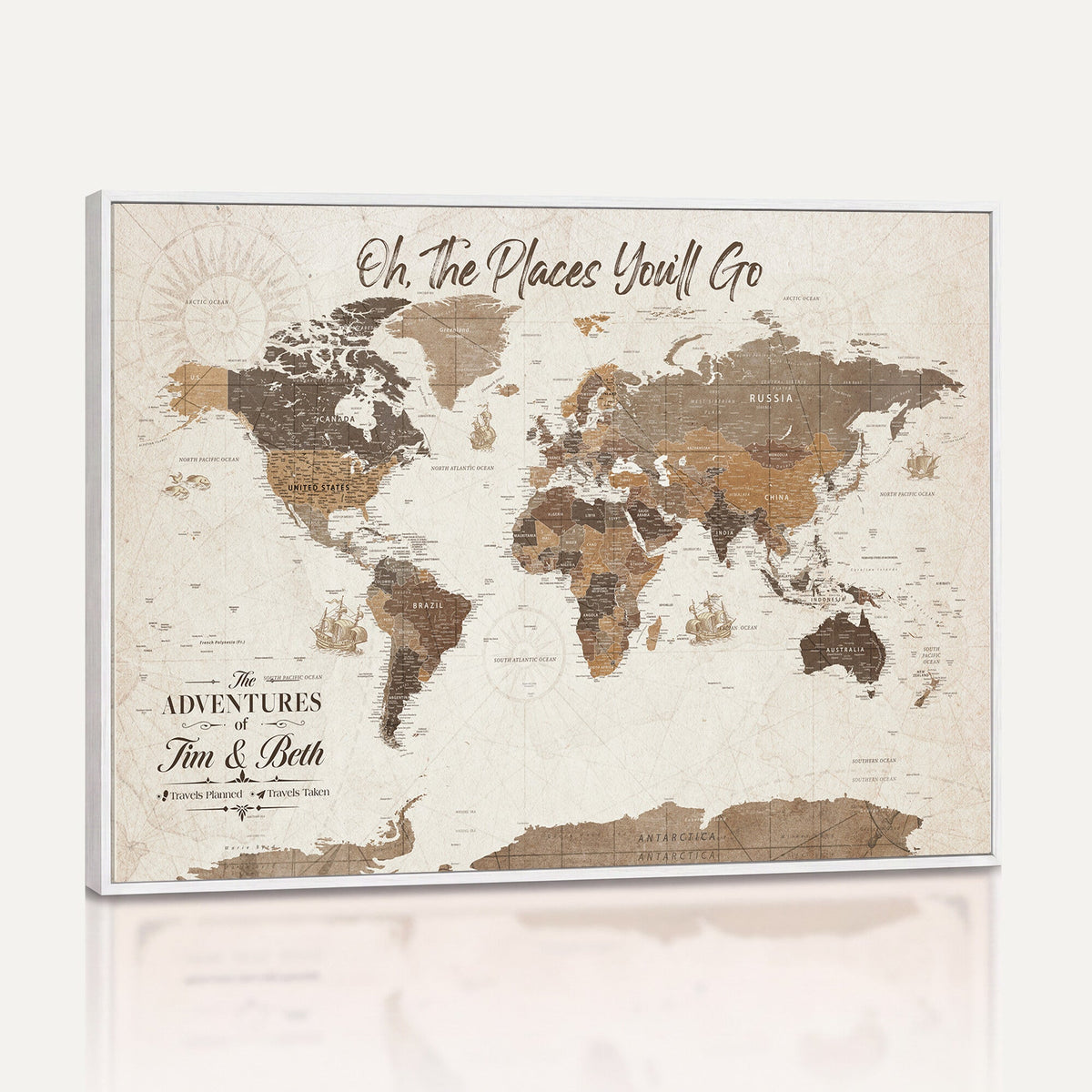 Personalized Beige Geometric Family Push Pin World Map Canvas Print, Honeymoon and Anniversary Gift, Living Room and Study Decor