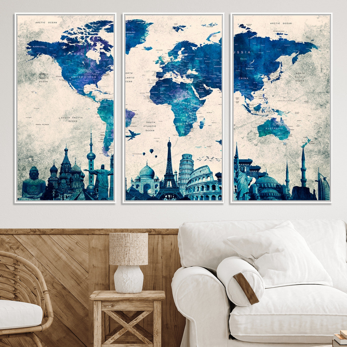 Navy Blue World Map Canvas Print, Wonder of World Map Push Pin Canvas Print