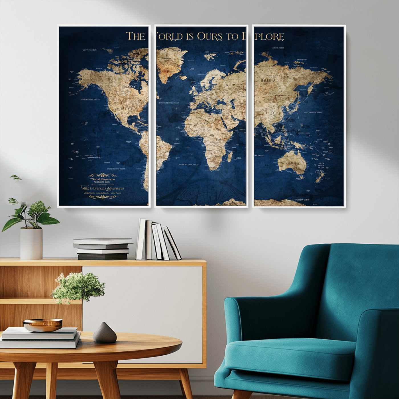 Custom World Map Wall Art – Personalized Framed Canvas Print with Push Pins for Travel Tracking, Anniversary or Couple Gift Ideas - H2-2