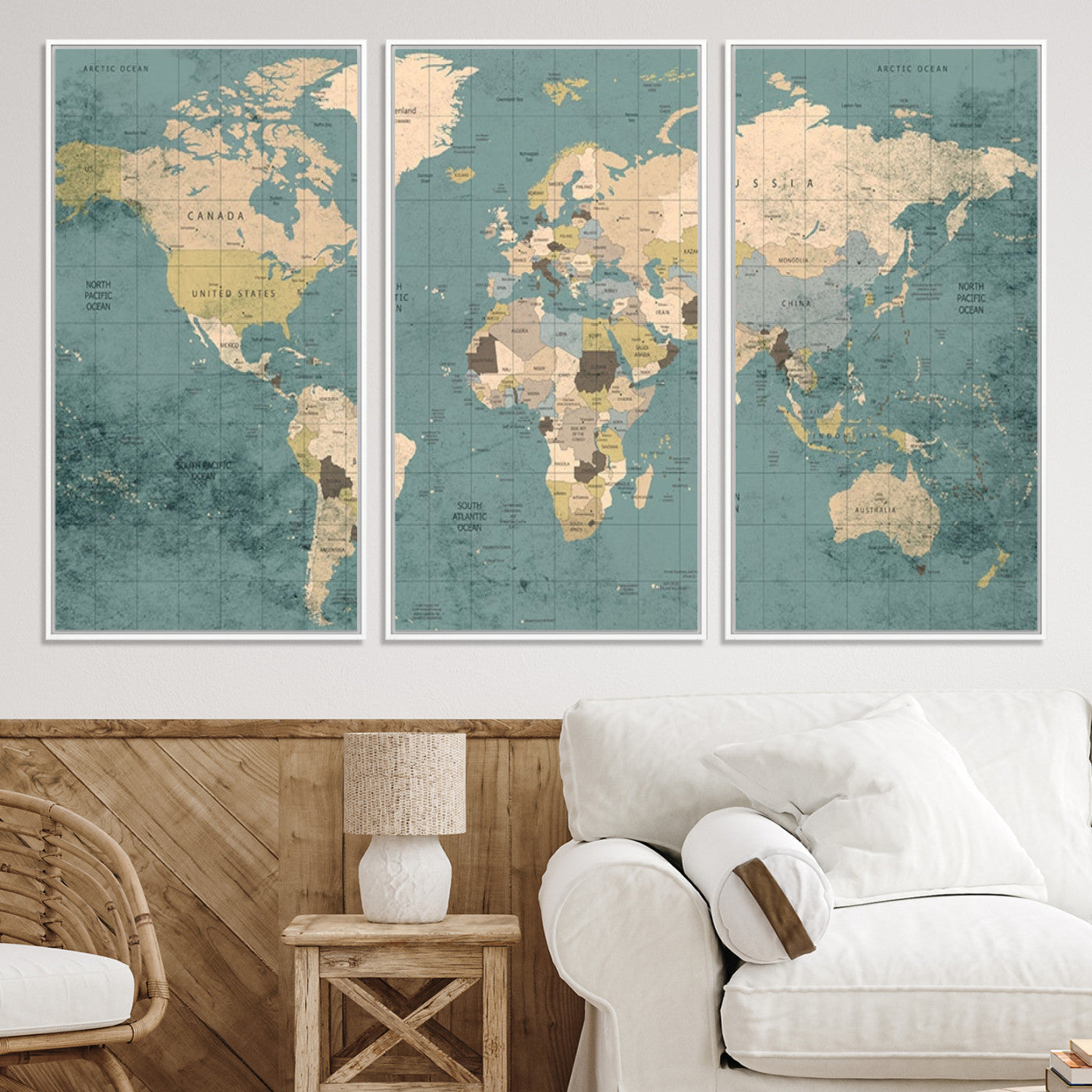 Classic World Map Wall Art Canvas Print, Framed Retro Map Art Picture Print, Vintage Atlas Perfect Rustic Explorer Decor Artwork