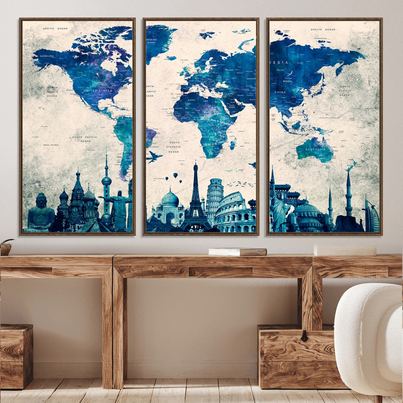 Navy Blue World Map Canvas Print, Wonder of World Map Push Pin Canvas Print